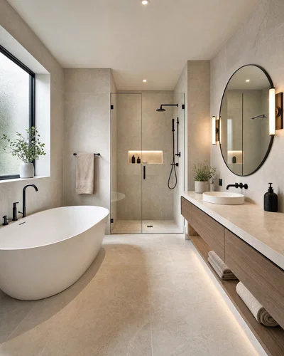 Spa bathroom with floating vanity and frosted window daylight, shot wide with neutral HDR.