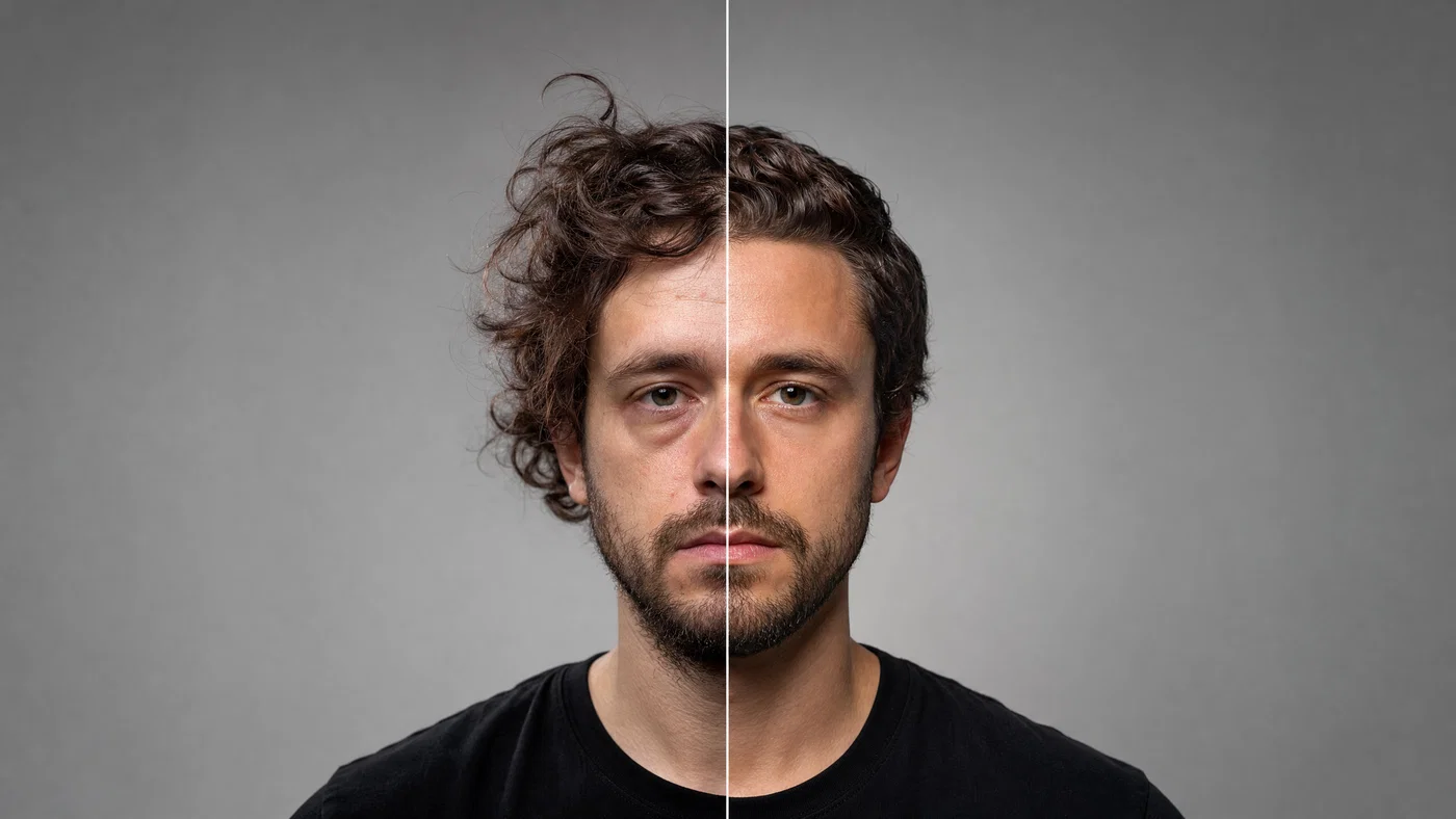 Split before-and-after creator portrait with a clean top banner area for headline text