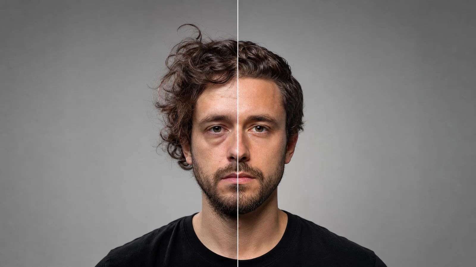 Split before-and-after creator portrait with a clean top banner area for headline text