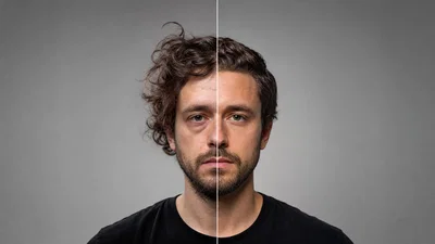 Split before-and-after creator portrait with a clean top banner area for headline text