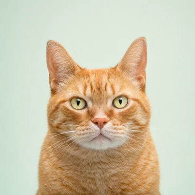 Square orange tabby avatar headshot on mint seamless with centered soft key and bright catchlights.