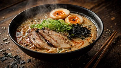 Steaming ramen bowl on weathered wood with chopsticks, soft side light, rich warm grade.