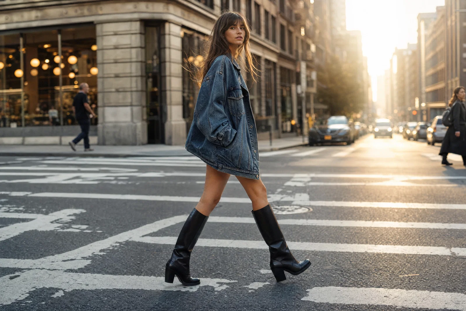 Street-style model crossing downtown street in backlight with warm film-like grade.