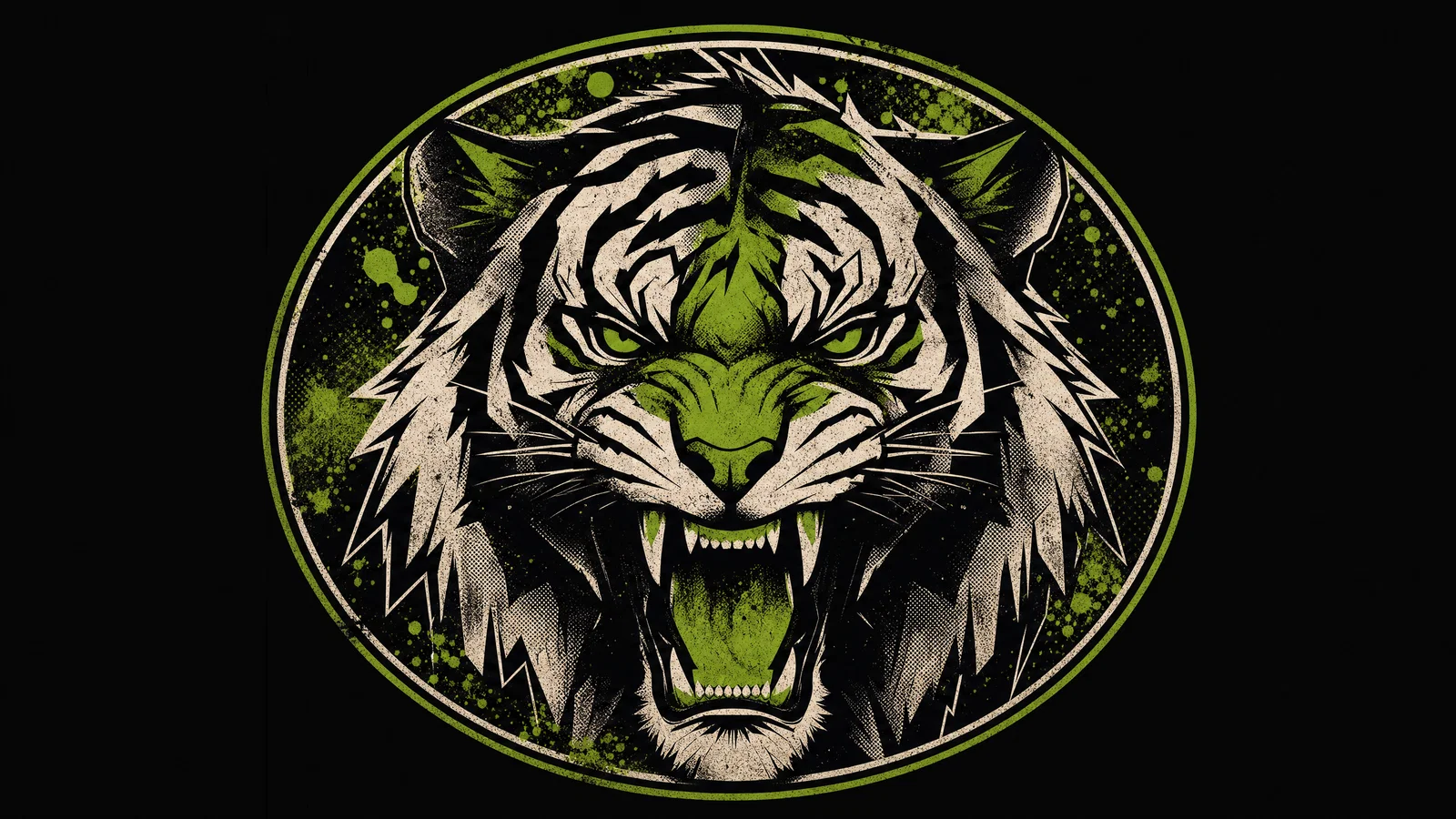 Streetwear tiger head graphic with halftone shadows and neon green accents on dark background.