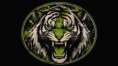Streetwear tiger head graphic with halftone shadows and neon green accents on dark background.