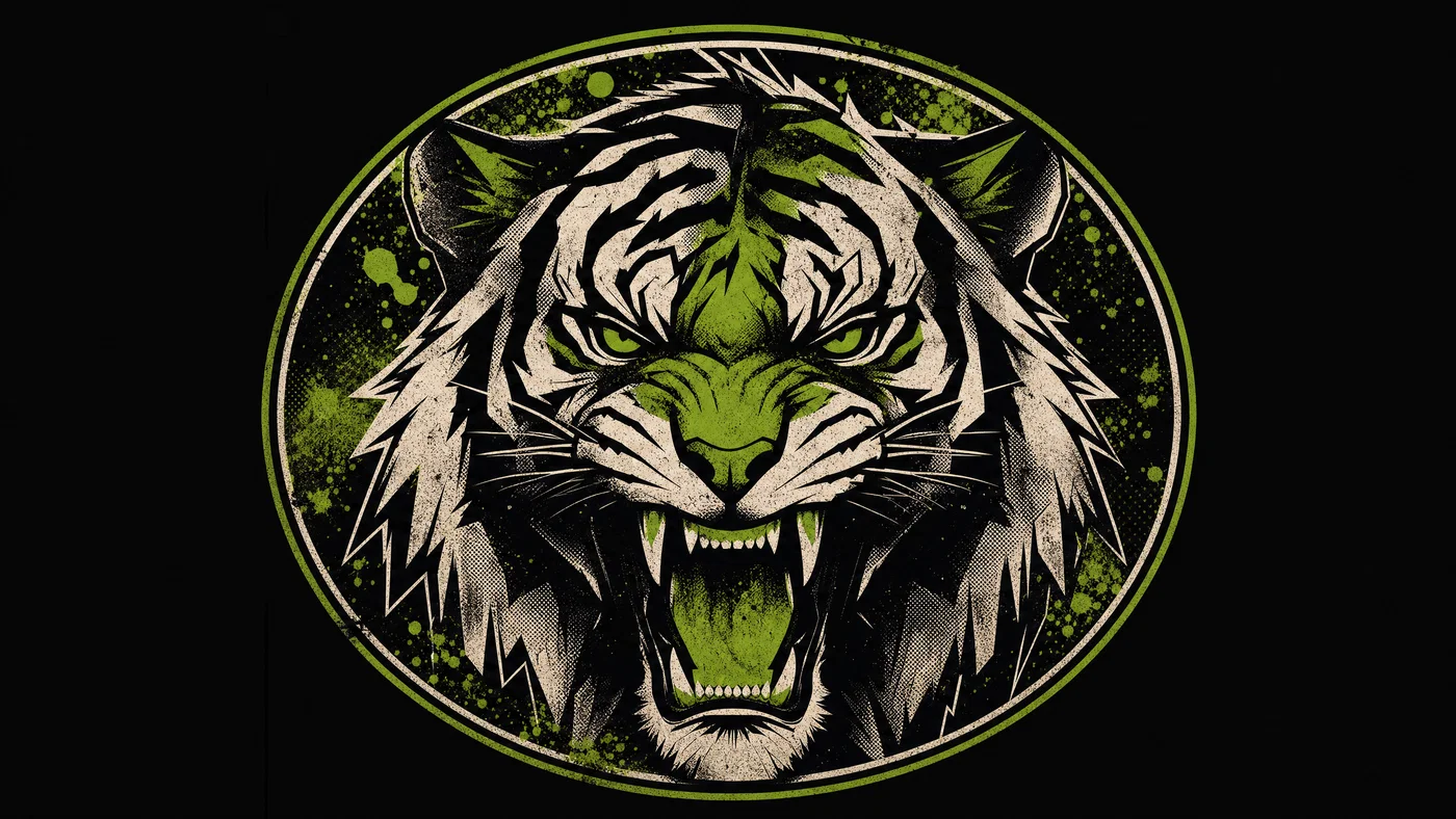 Streetwear tiger head graphic with halftone shadows and neon green accents on dark background.
