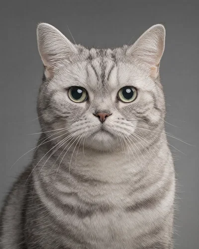 Studio British Shorthair cat headshot on gray seamless with soft key light catchlights.