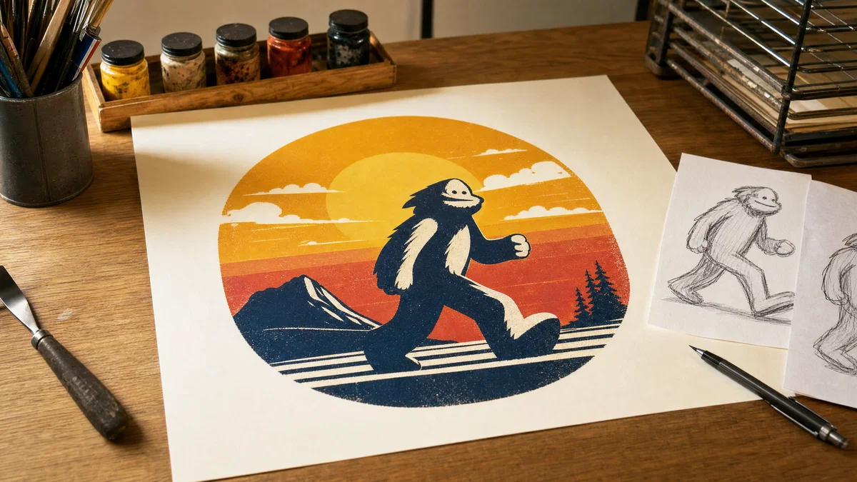 Studio desk with print-on-demand graphic sheet and retro sunset emblem, warm light.