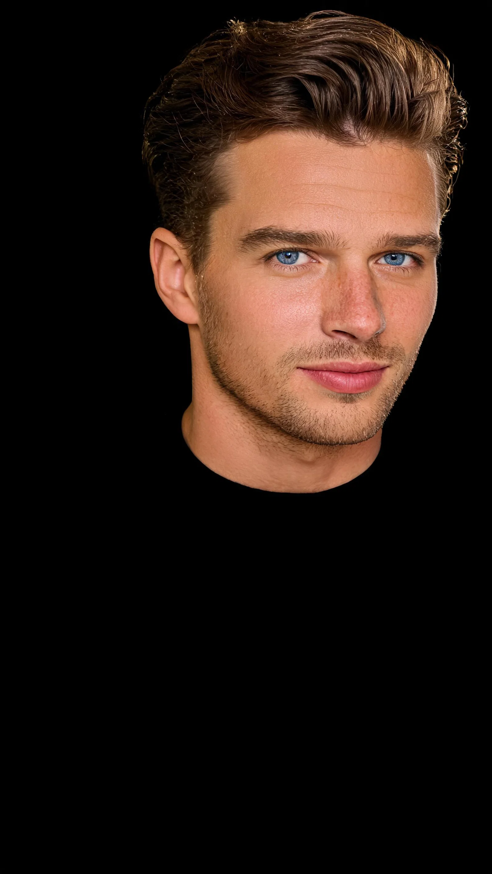 Studio headshot of athletic beige-skinned man with blue eyes and side-part hair, confident looksmaxxing look