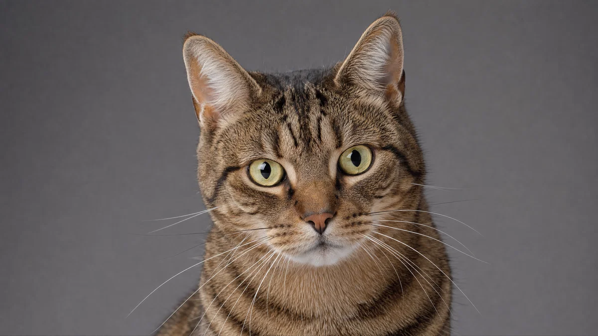 Studio tabby cat headshot with soft key light and bright catchlights.