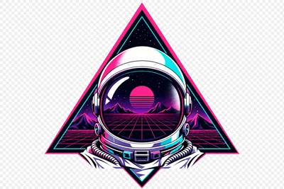 Synthwave astronaut helmet emblem with neon grid and triangle, limited colors on transparent background.