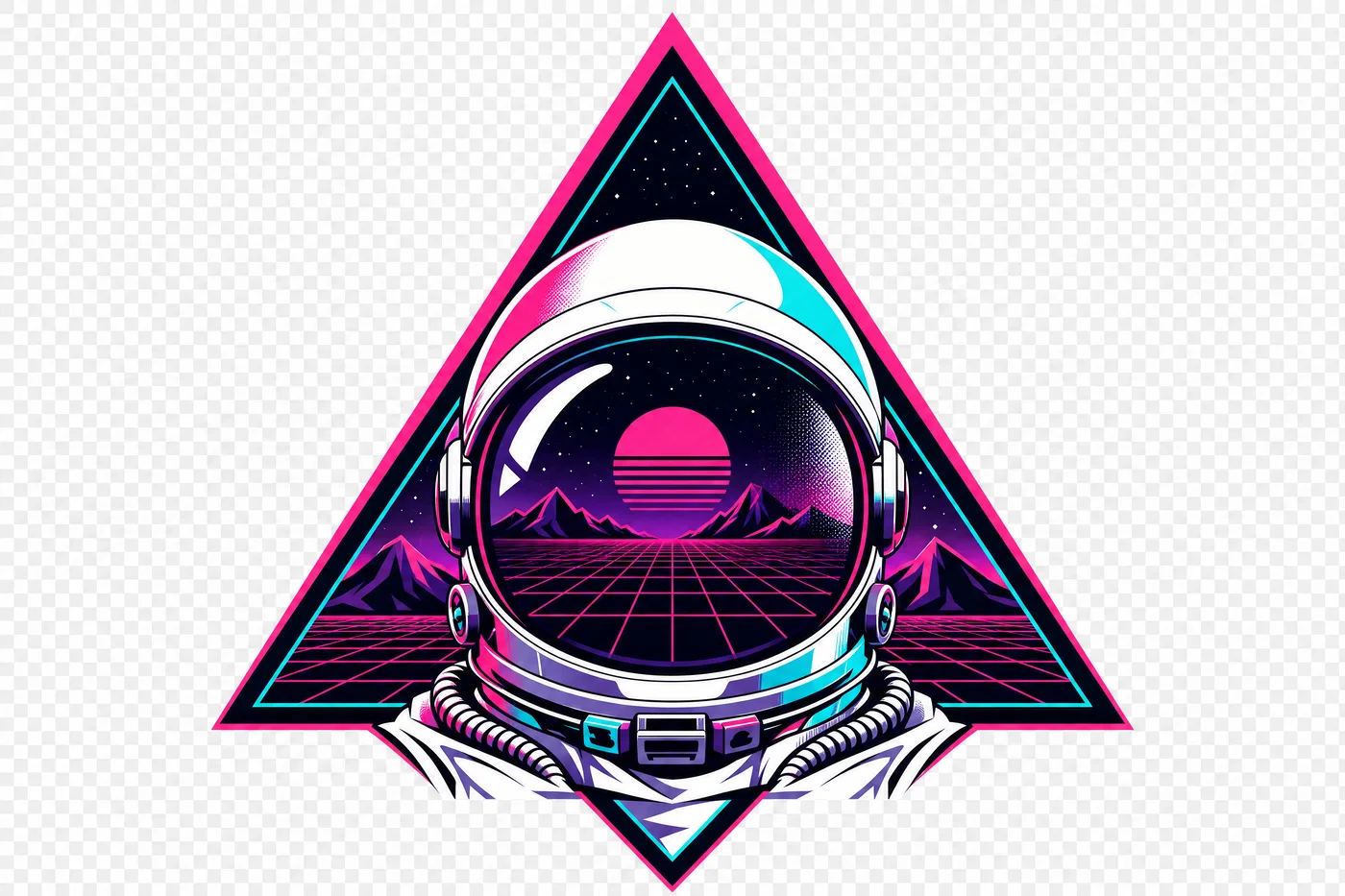 Synthwave astronaut helmet emblem with neon grid and triangle, limited colors on transparent background.