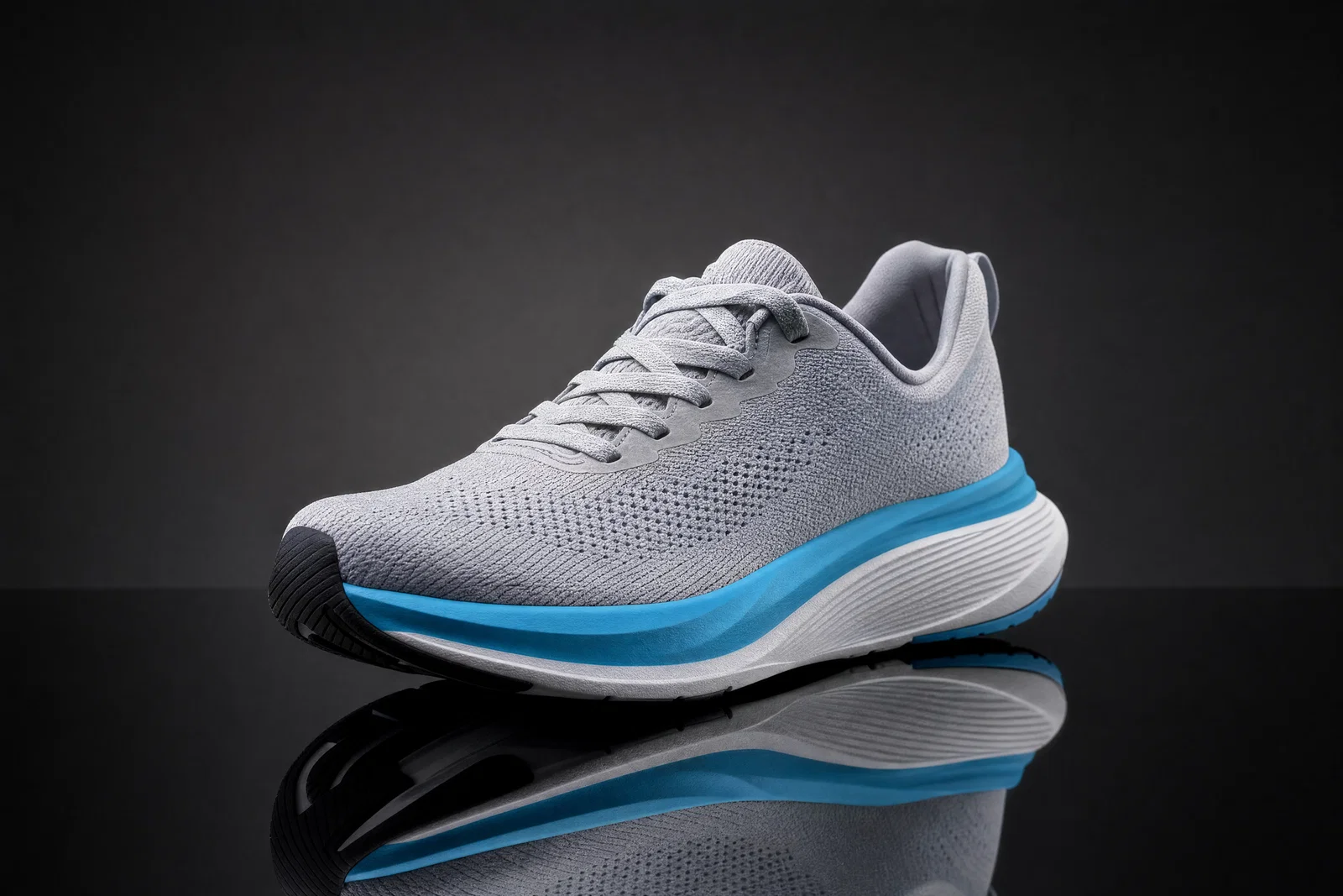 Three-quarter sneaker hero shot on glossy black acrylic with strip softbox texture and clean reflection.