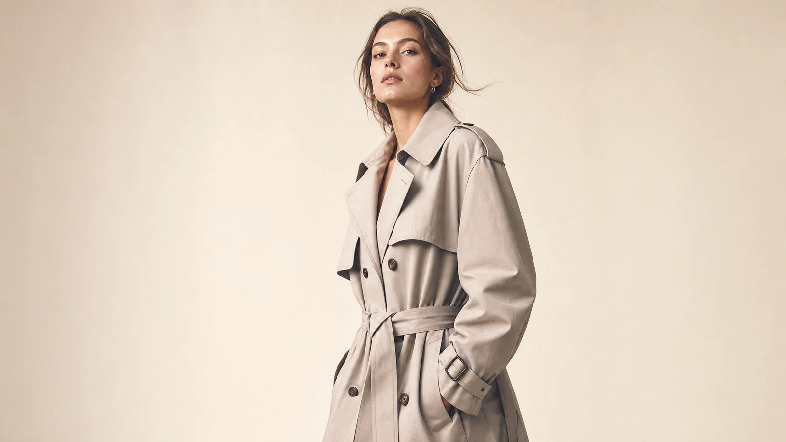 Three-quarter studio lookbook portrait on seamless backdrop with soft editorial lighting.