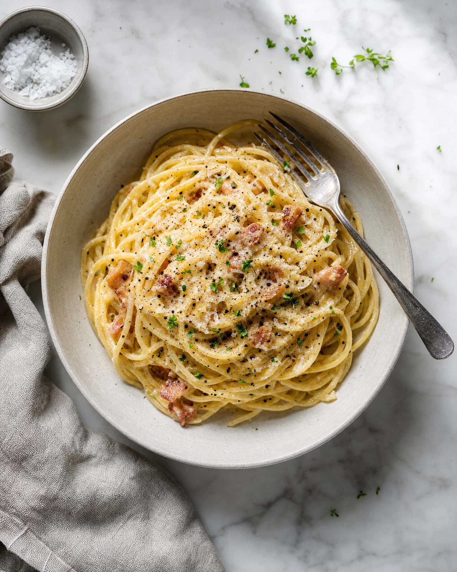 Top-down carbonara on white marble with parmesan shavings, fork, and soft side light.