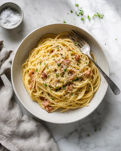 Top-down carbonara on white marble with parmesan shavings, fork, and soft side light.