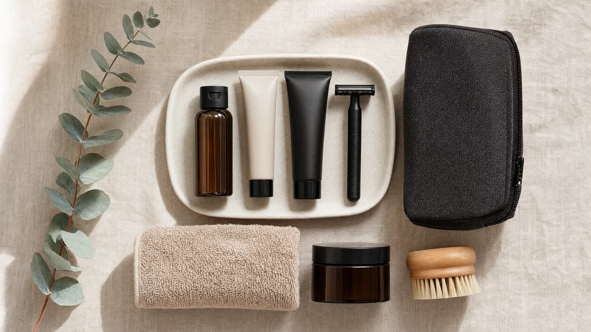 Top-down flat lay of a travel grooming kit on beige linen in soft window light.