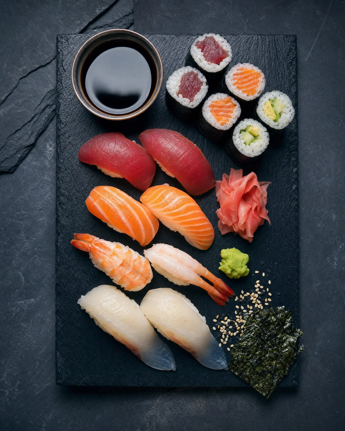 Top-down sushi assortment on dark slate with soy sauce dish reflection and cool clean grade.