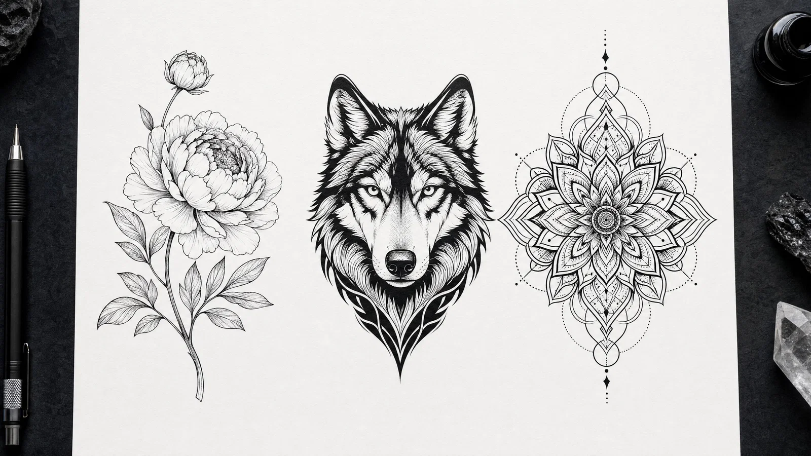 Top-down tattoo flash sheet with fine-line floral, blackwork wolf, and geometric mandala.