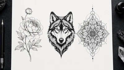 Top-down tattoo flash sheet with fine-line floral, blackwork wolf, and geometric mandala.