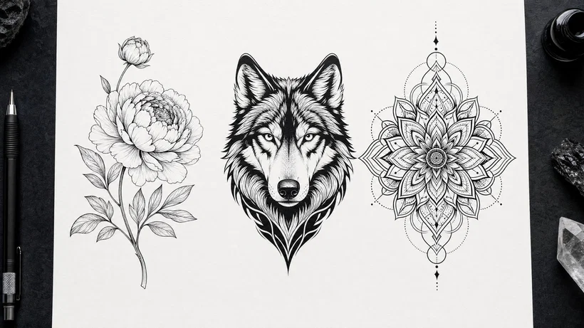 Top-down tattoo flash sheet with fine-line floral, blackwork wolf, and geometric mandala.