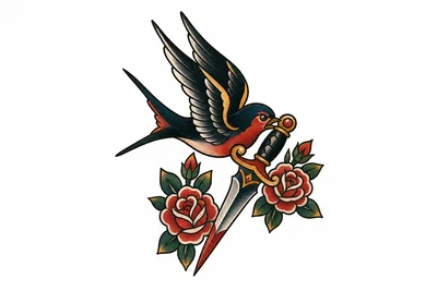 Traditional swallow and dagger tattoo flash with bold outlines and limited color fills.