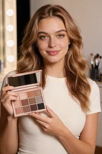 Trained beauty influencer showing eyeshadow palette close-up, same face and hair