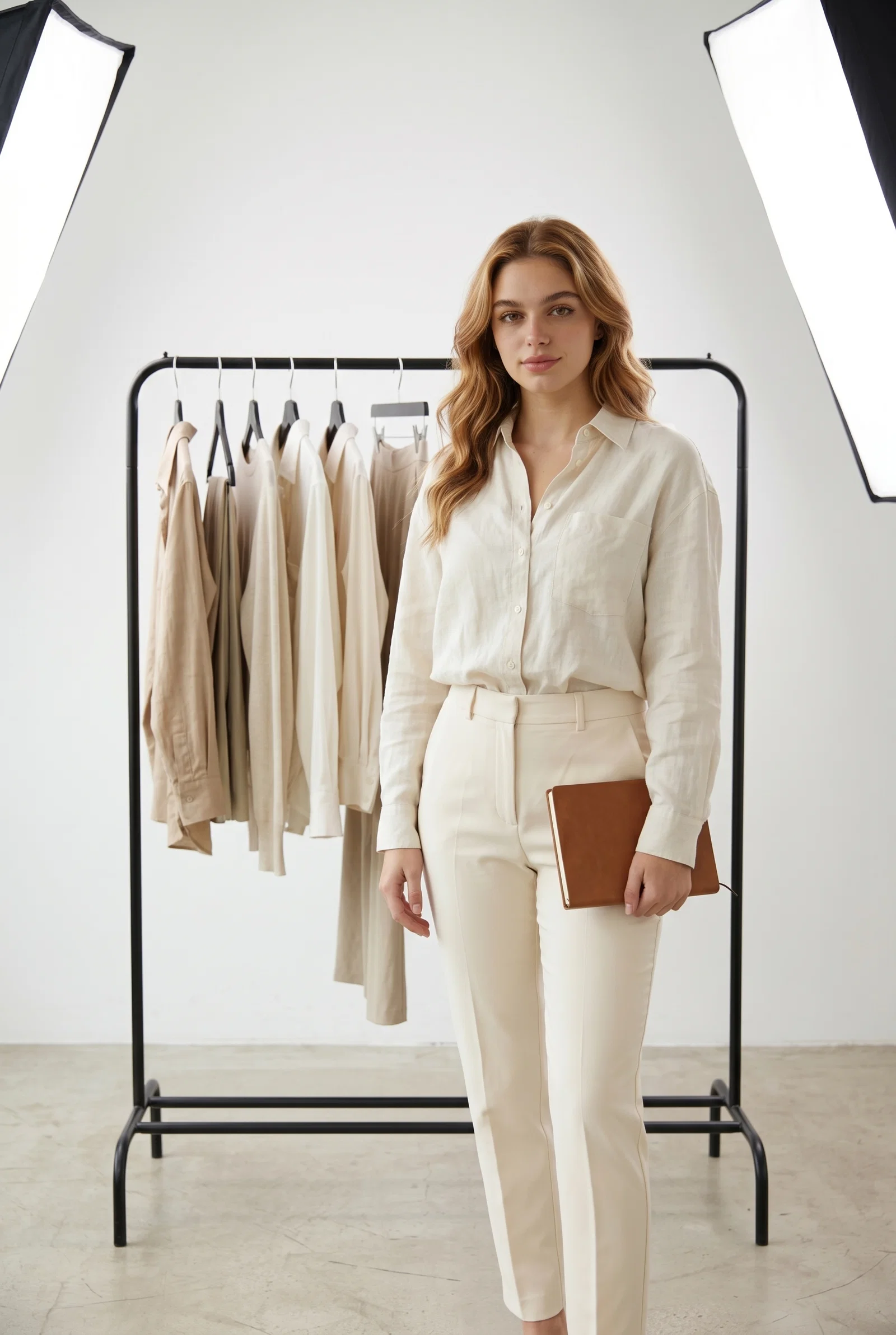 Trained fashion influencer beside capsule wardrobe rack in studio, consistent identity