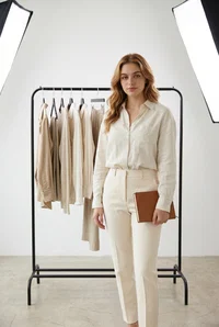 Trained fashion influencer beside capsule wardrobe rack in studio, consistent identity
