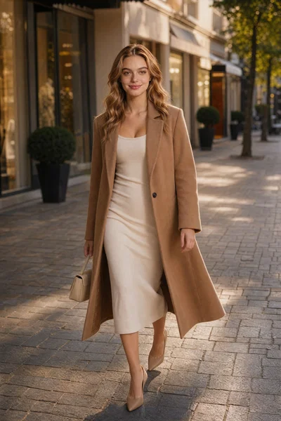 Trained fashion influencer OOTD street-style shot in camel coat, consistent face