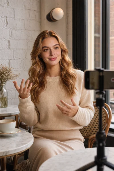 Trained influencer filming blazer styling tips at café with tripod, consistent face