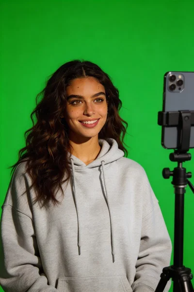 Trained persona filming green screen reaction beside phone tripod
