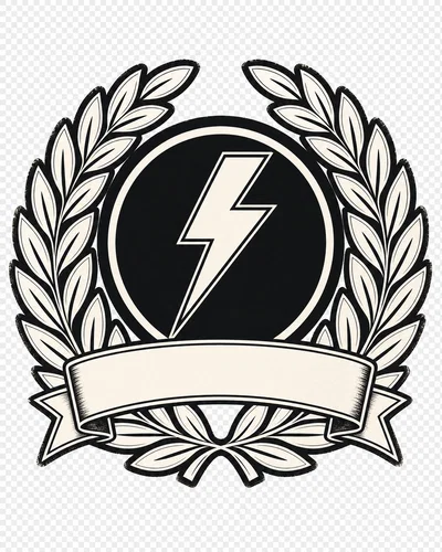 Two-color badge with laurel wreath and blank ribbon banner, isolated on transparent background.