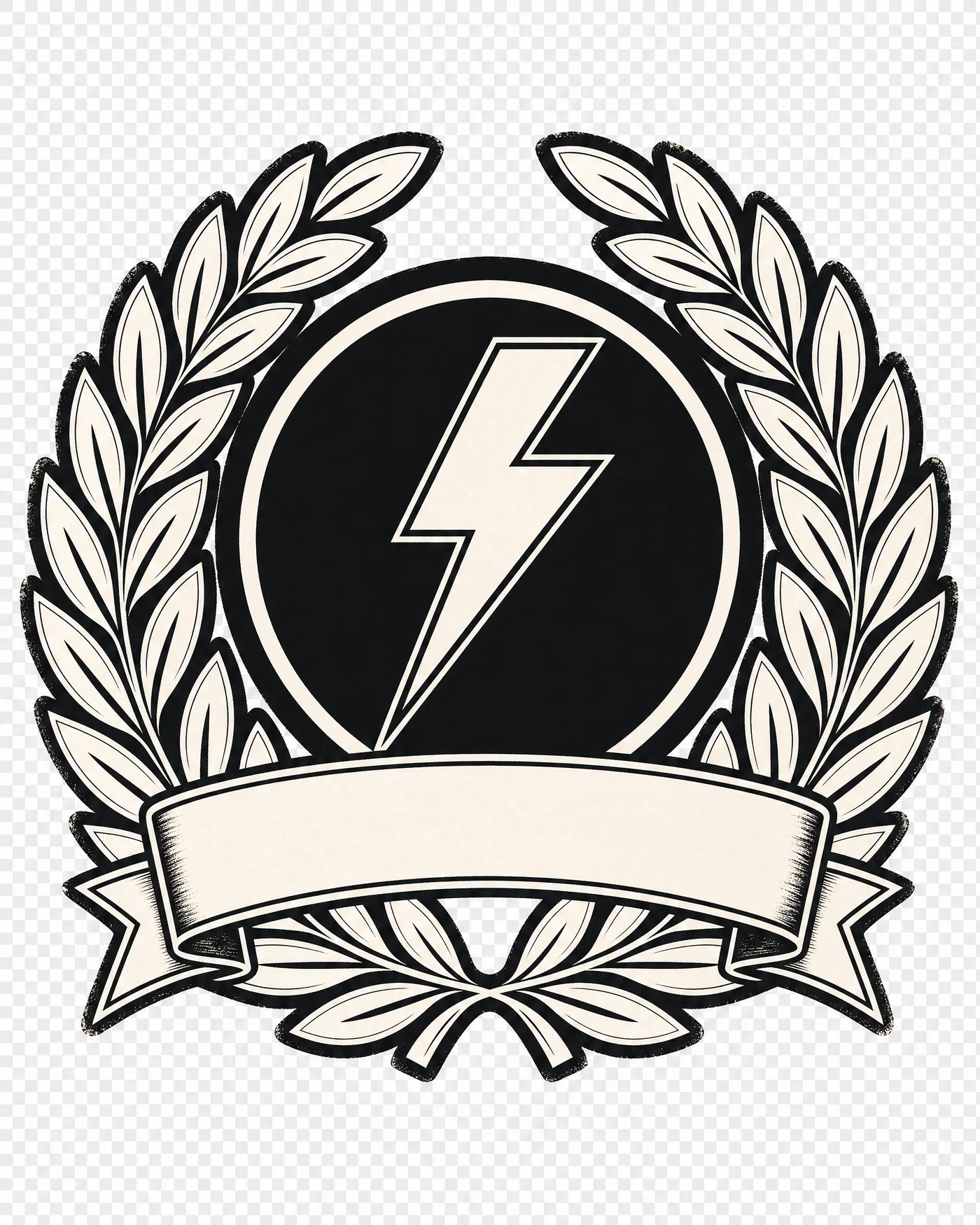 Two-color badge with laurel wreath and blank ribbon banner, isolated on transparent background.