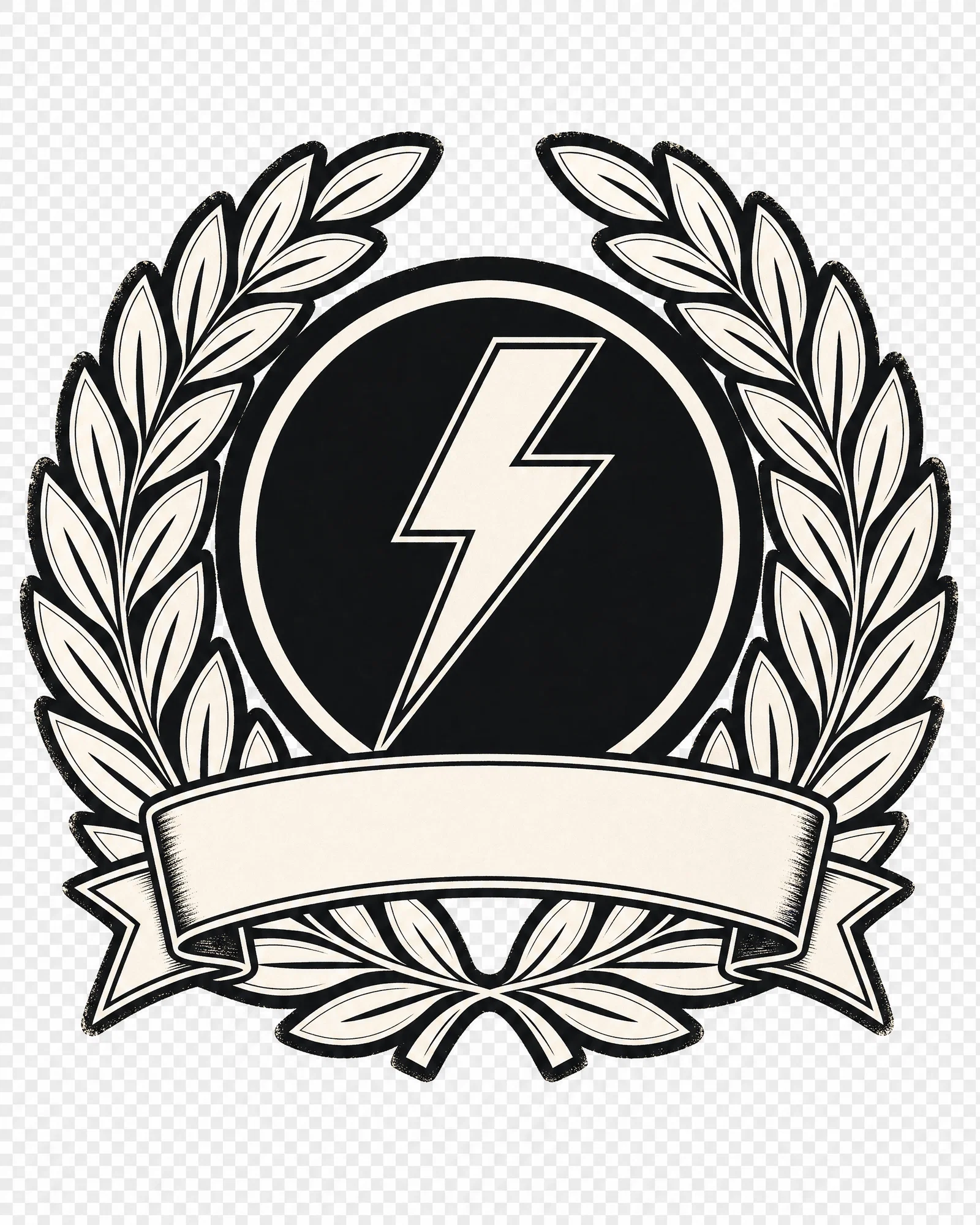 Two-color badge with laurel wreath and blank ribbon banner, isolated on transparent background.