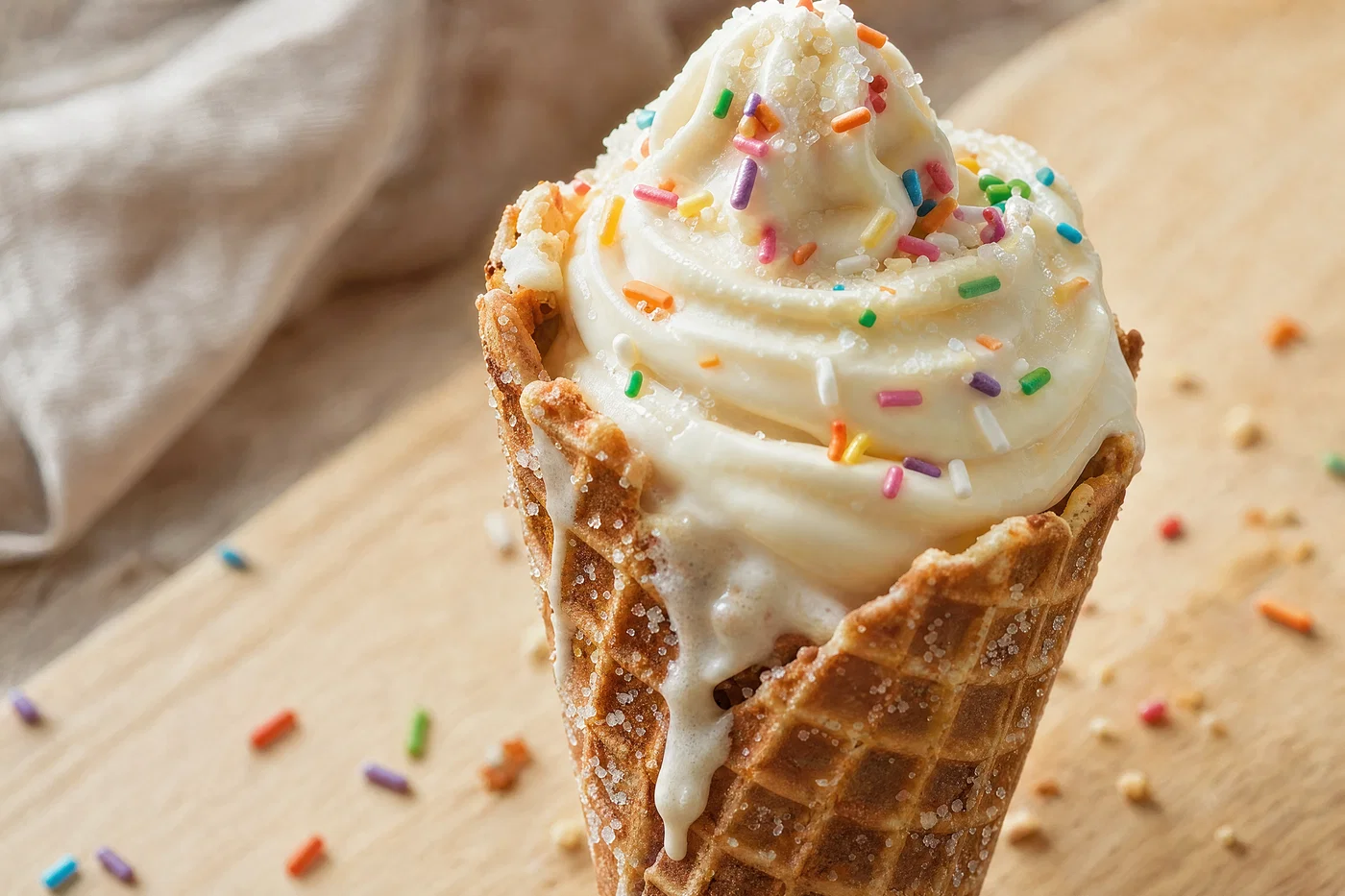 Vanilla soft-serve in waffle cone with sprinkles and melting drips on maple board.