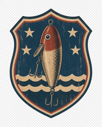 Vintage fishing lure shield crest with muted colors and distressed texture on transparent background.