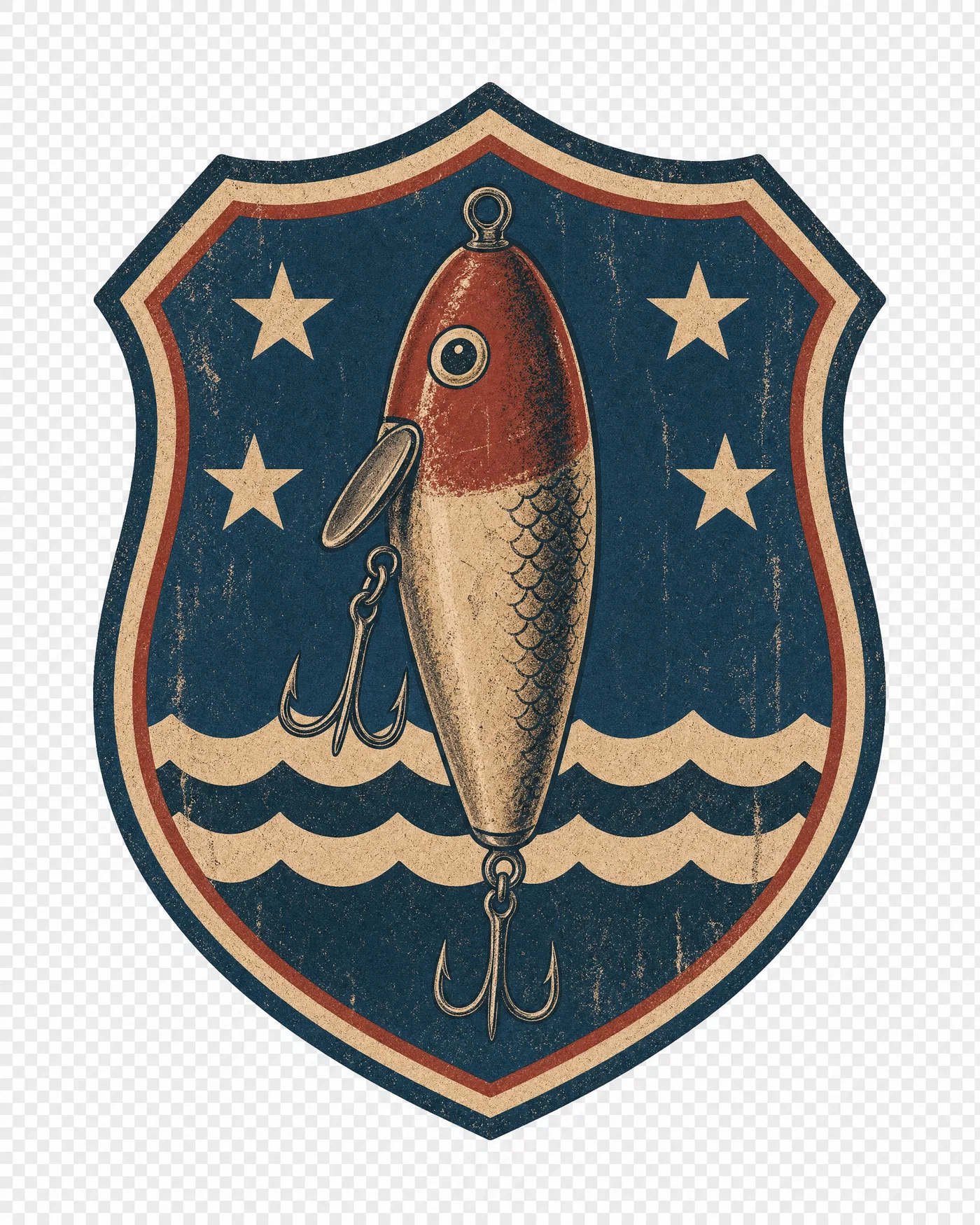 Vintage fishing lure shield crest with muted colors and distressed texture on transparent background.