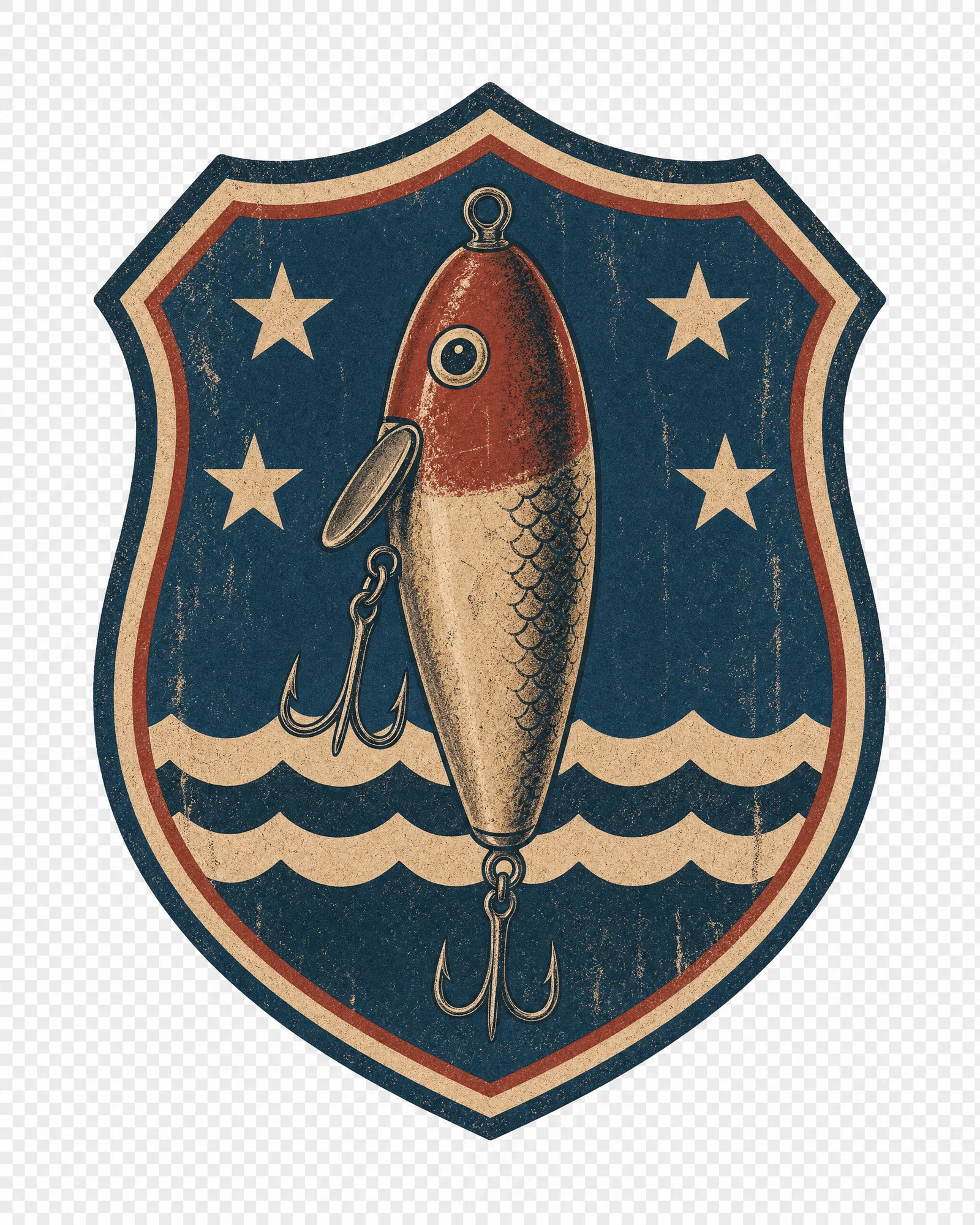 Vintage fishing lure shield crest with muted colors and distressed texture on transparent background.