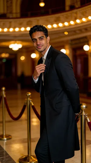 Vintage theater lobby portrait with warm cinematic old Hollywood glamour lighting