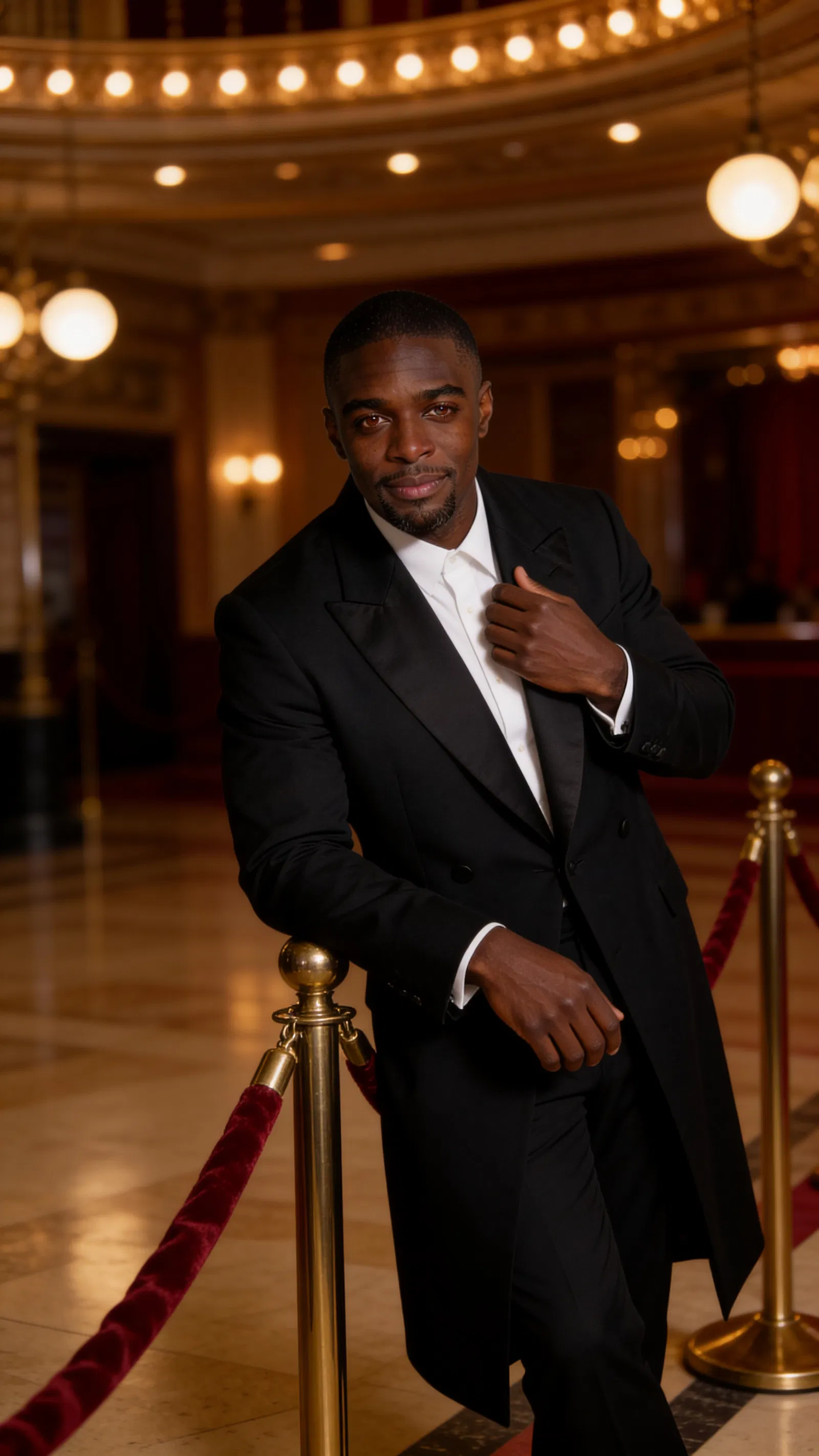 Vintage theater lobby portrait with warm cinematic old Hollywood glamour lighting