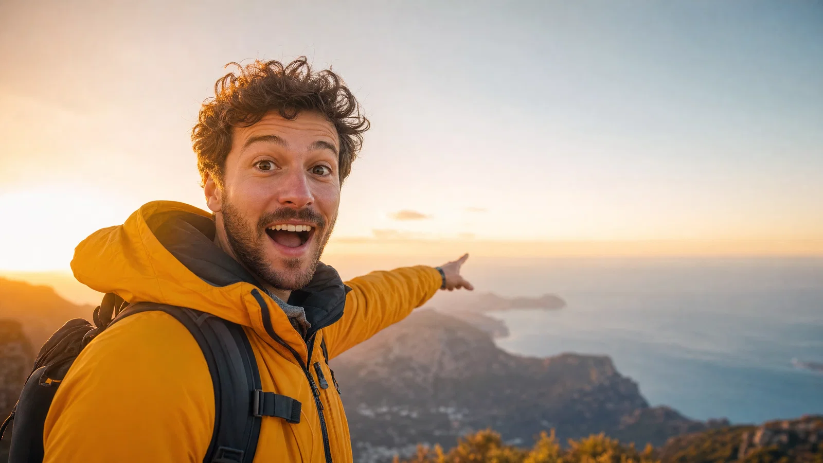 Vlog creator pointing with surprised smile, leaving clean sky space for thumbnail headline text