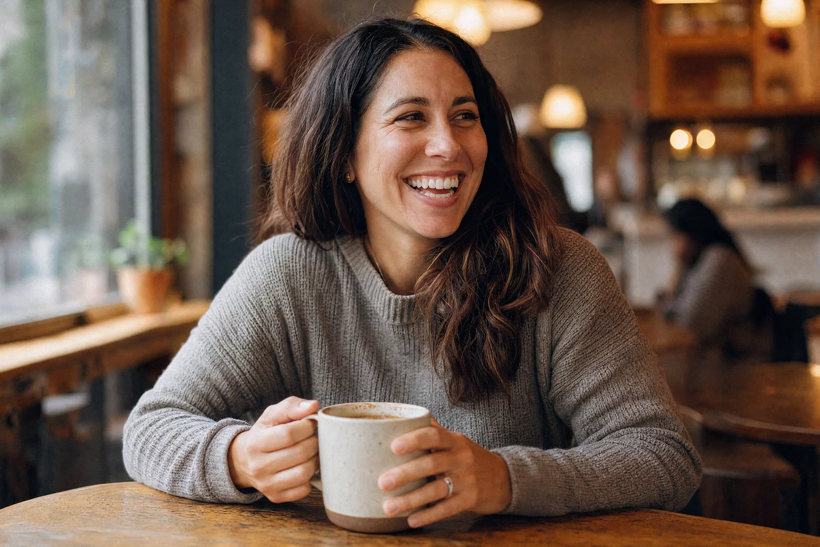 Warm cafe lifestyle portrait with window light, practical lamp bokeh, and candid expression.