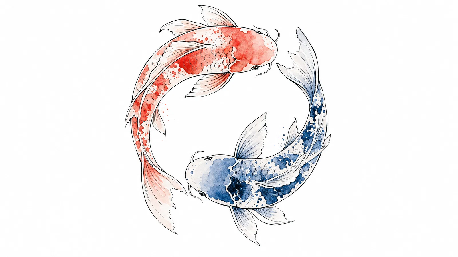 Watercolor koi tattoo concept with crisp outline and soft pastel washes on white.