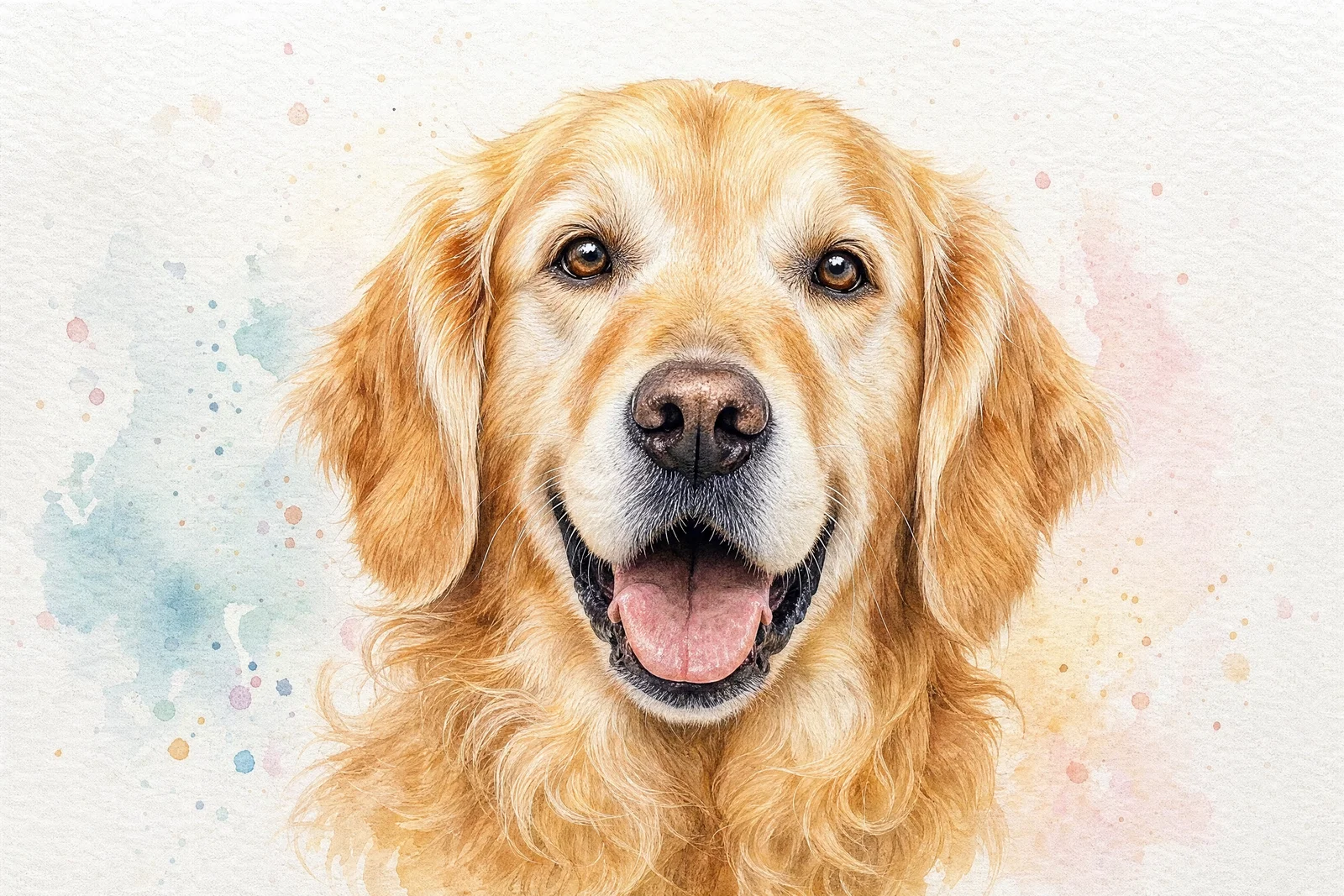 Watercolor-style golden retriever portrait on textured paper with soft light and bright catchlights.