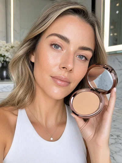 White beauty influencer close-up showing compact makeup finish