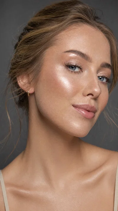 White beauty influencer headshot emphasizing highlighter glow on cheek under studio lighting