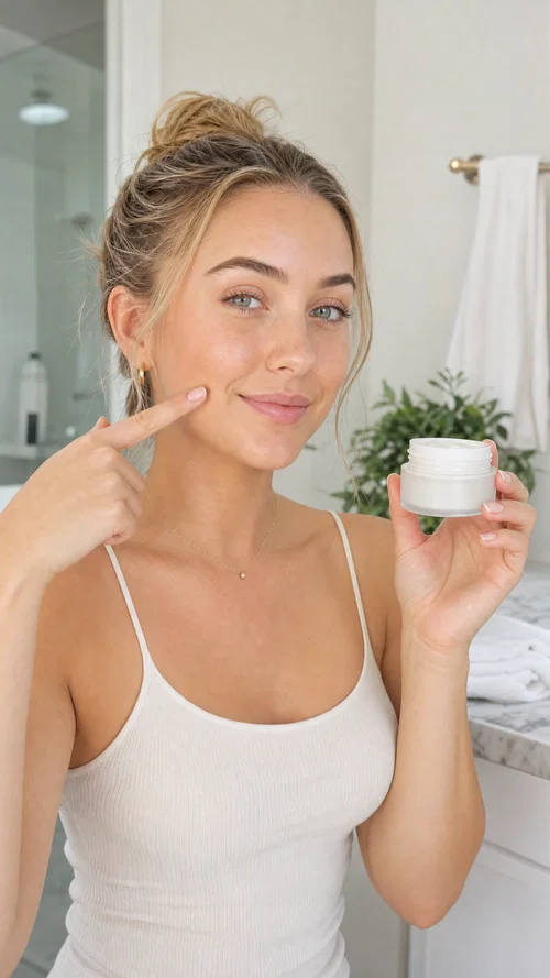 White beauty influencer holding skincare jar in bright bathroom pointing to cheek