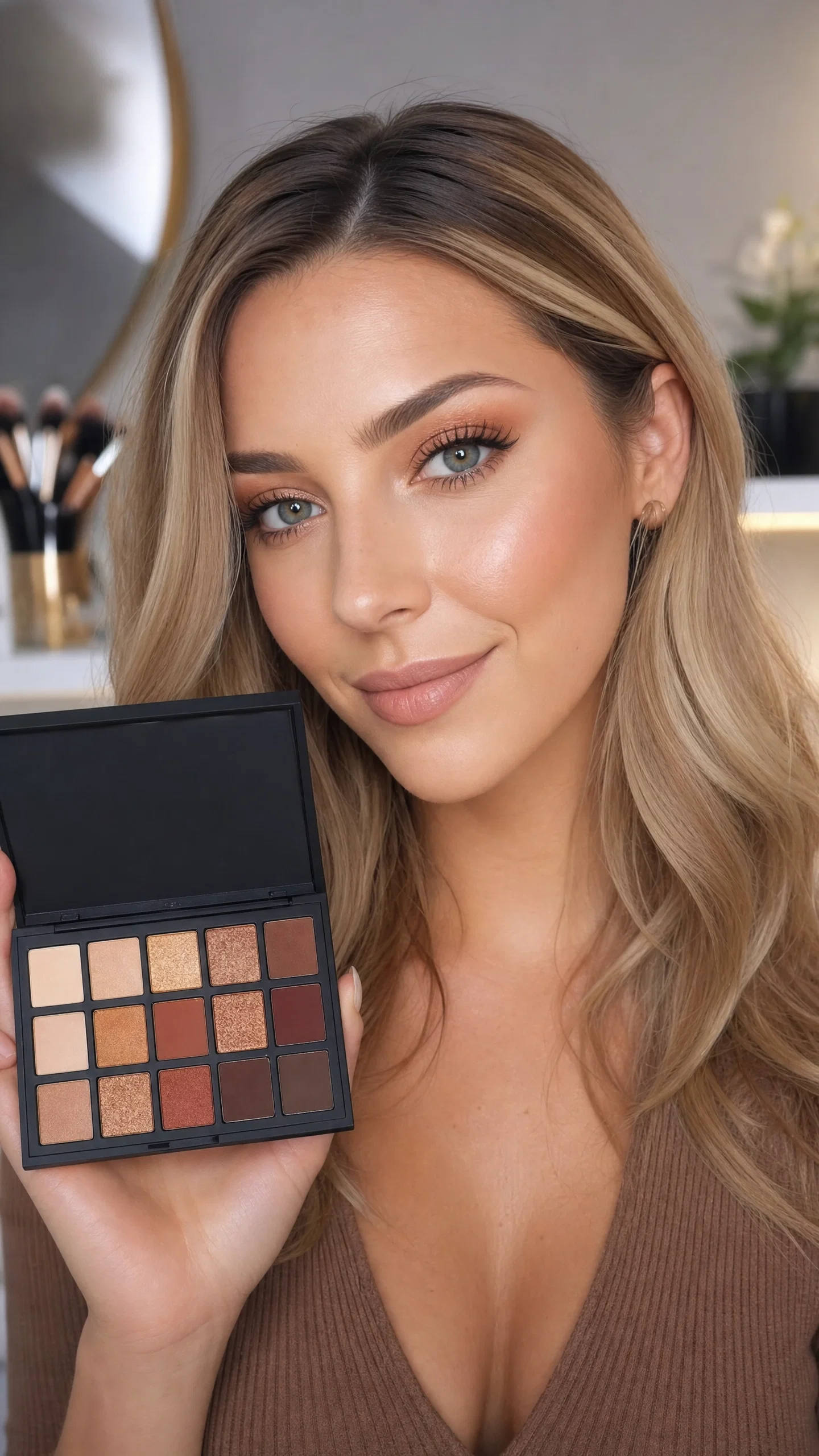 White beauty influencer showing open eyeshadow palette in vanity setup