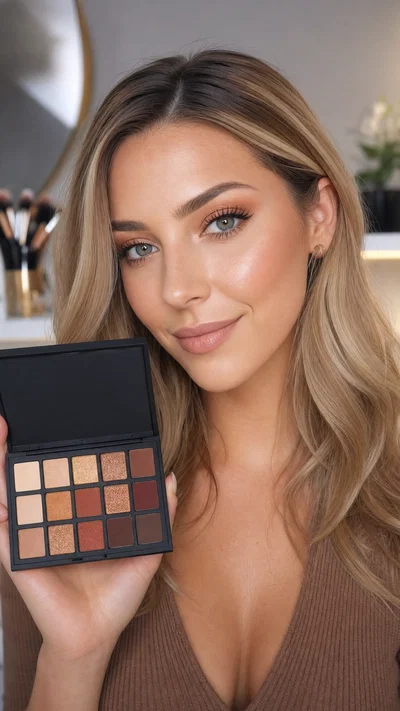 White beauty influencer showing open eyeshadow palette in vanity setup